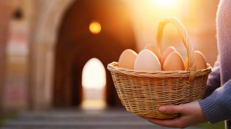 Basket of fresh eggs held in warm sunlight near a rustic archway, AIの素材