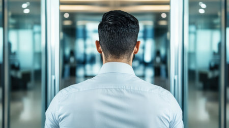 Man in a white shirt stands facing glass doors, reflecting a modern office setting, AIの素材
