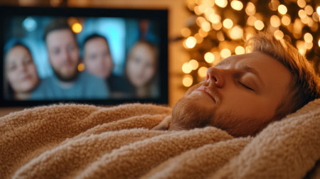Cozy evening with a man relaxing under a blanket by a lit Christmas tree, AIの素材