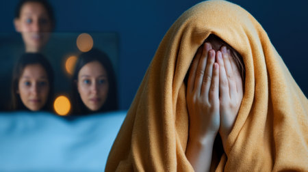 A person hides under a blanket, covering their face, with blurred figures in the background, AIの素材