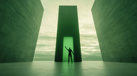 Silhouette of a person reaching towards a glowing green portal between towering walls, AIの素材