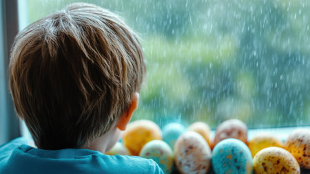 Young boy gazes out a rainy window, surrounded by colorful Easter eggs, AIの素材