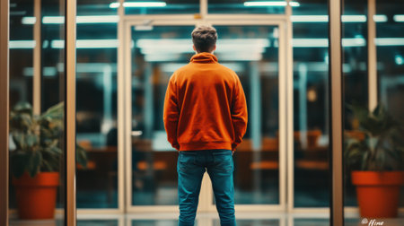 Young man in orange hoodie stands in modern, illuminated hallway, facing glass doors, AIの素材