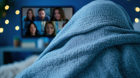Cozy evening video call under a warm blanket with friends on screen, AIの素材