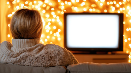 Cozy evening with warm lights and TV glow, AIの素材