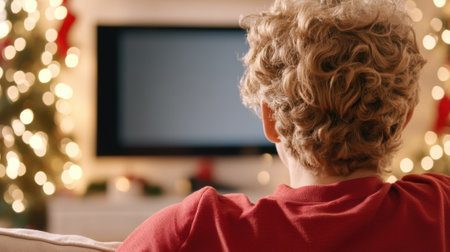 Cozy holiday scene with a child watching TV, surrounded by festive lights, AIの素材