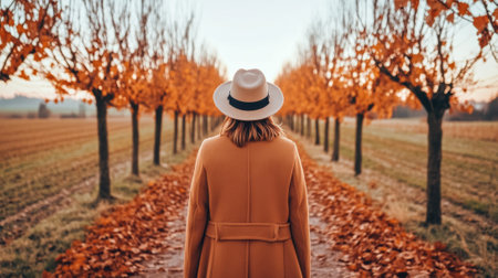 Woman in a coat and hat walks through a picturesque autumn tree-lined path, AIの素材