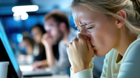 Stressed woman at work, overwhelmed by tasks, sits at a computer in a busy office, AIの素材