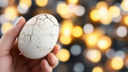 Hand holding a cracked egg against a backdrop of blurred lights, AIの素材
