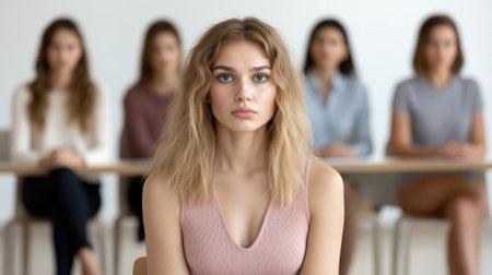Young woman with wavy hair sits confidently in focus, with blurred group behind her, AIの素材