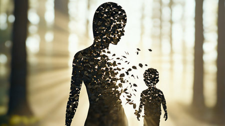 Silhouettes of a woman and child dissolve into leaves in a sunlit forest, AIの素材