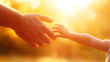 A babys hand reaches for an adults finger in warm, golden sunlight, AIの素材