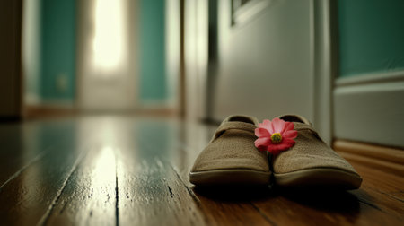 Cozy slippers with a pink flower rest on a polished wooden floor in a sunlit hallway, AIの素材