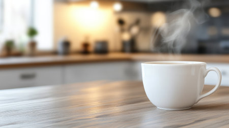 Steaming cup of coffee on a wooden kitchen counter in a cozy, softly lit kitchen, AIの素材