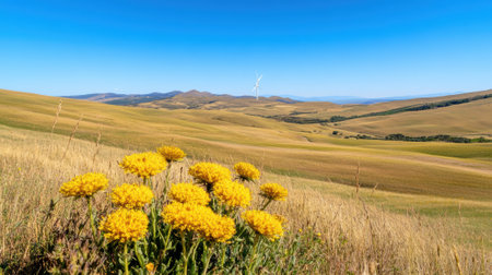 Golden wildflowers bloom in a vast, rolling landscape with distant wind turbines, AIの素材