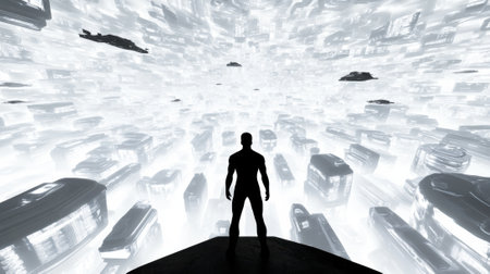 Silhouette of a person gazing at a futuristic cityscape filled with floating structures, AIの素材