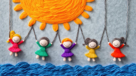 Colorful yarn dolls dance under a bright sun in a whimsical felt artwork, AIの素材