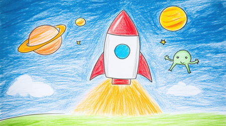 Colorful rocket drawing with planets and alien in space, AIの素材