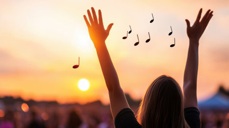 Hands raised in joy as music notes float against a vibrant sunset sky, AIの素材