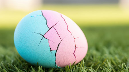 Cracked pastel egg on grass symbolizes fragility and transformation, AIの素材