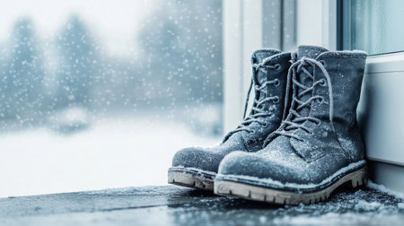 Sturdy winter boots dusted with snow rest by a frosty window, AIの素材