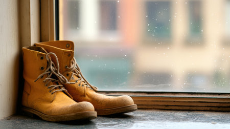 Worn yellow boots rest by a window, hinting at stories of adventures and journeys, AIの素材