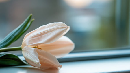 Soft pink tulip rests gently on a windowsill, basking in natural light, AIの素材