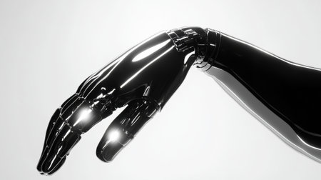Sleek black robotic hand reaching out against a bright background, AIの素材