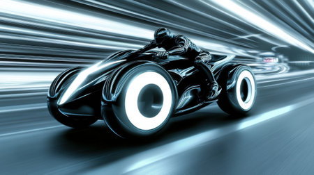 Futuristic motorcycle speeds through a neon-lit tunnel, leaving a trail of light, AIの素材