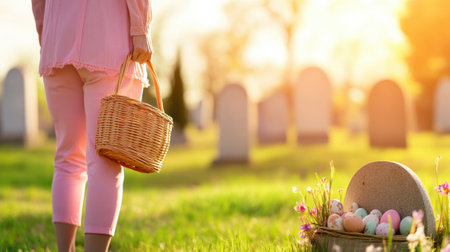 Woman holding a basket in a sunlit cemetery during Easter, AIの素材