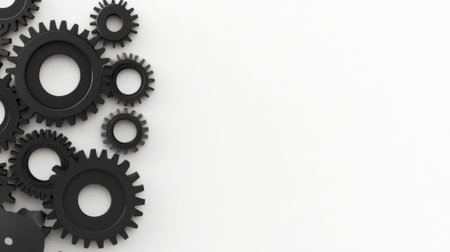 Black gears of varying sizes are clustered on a white background, symbolizing teamwork, AIの素材