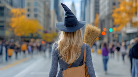 A woman in a witch hat walks through a bustling city street in autumn, AIの素材