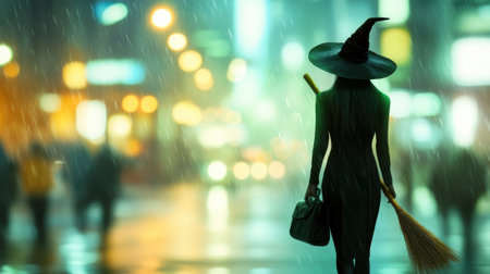 Witch in a cityscape strolls through a rainy, neon-lit street at night, AIの素材