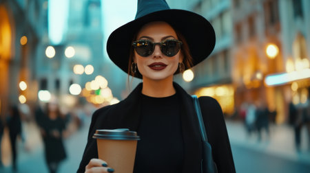 Stylish woman in a city street holding a coffee cup, wearing a hat and sunglasses, AIの素材