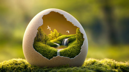 A miniature world inside an egg reveals a serene landscape with a waterfall and birds, AIの素材