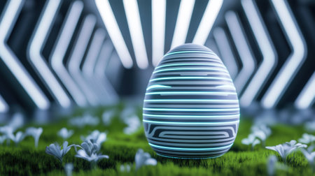 Futuristic egg with glowing lines in a sci-fi corridor surrounded by grass and flowers, AIの素材