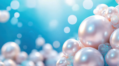 Lustrous pearls float against a dreamy, blue bokeh background, creating a serene scene, AIの素材