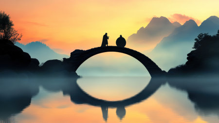 Silhouetted figures cross an arched stone bridge at sunrise, surrounded by misty mountains, AIの素材
