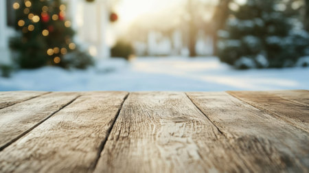 Wooden table with a snowy winter background and festive lights, AIの素材
