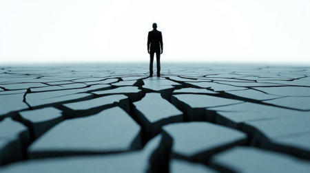 Silhouette of a person standing on cracked, barren ground under a pale sky, AIの素材
