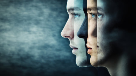 Multiple profiles of a man create a surreal, layered visual effect, AIの素材