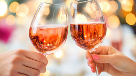 Two glasses of rosÃ© wine clink together in a celebratory toast against a bokeh backdrop, AIの素材