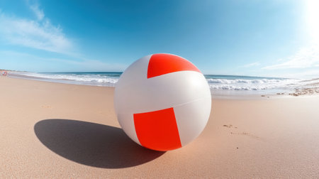 Beach ball resting on sandy shore under a clear blue sky, AIの素材