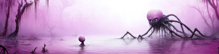 Alien creatures meet in a mysterious, misty purple swamp, creating an eerie atmosphere, AIの素材