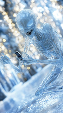 Alien creature made of ice using a smartphone in a snowy forest, AIの素材