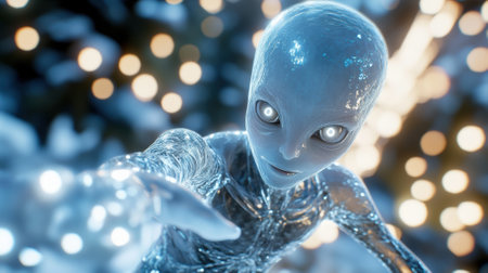 Alien reaching out with glowing eyes amidst a backdrop of blurred lights, AIの素材