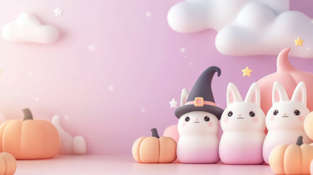 Adorable pastel bunnies in a whimsical Halloween setting with pumpkins and stars, AIの素材