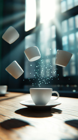 Floating cups dance in sunlight, creating a magical, surreal coffee moment, AIの素材