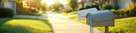Sunlit suburban street with mailboxes lining the sidewalk, AIの素材