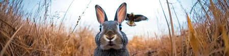 Rabbit in a field with a bird flying overhead, creating a whimsical scene, AIの素材